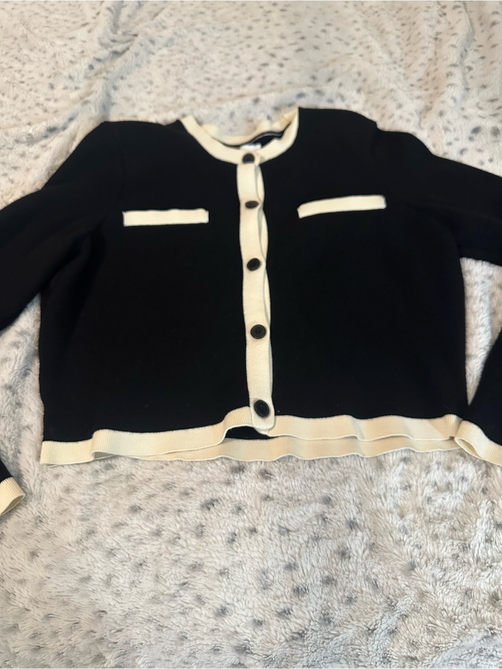OAK + FORT Black Cardigan with Cream Contrast Trim